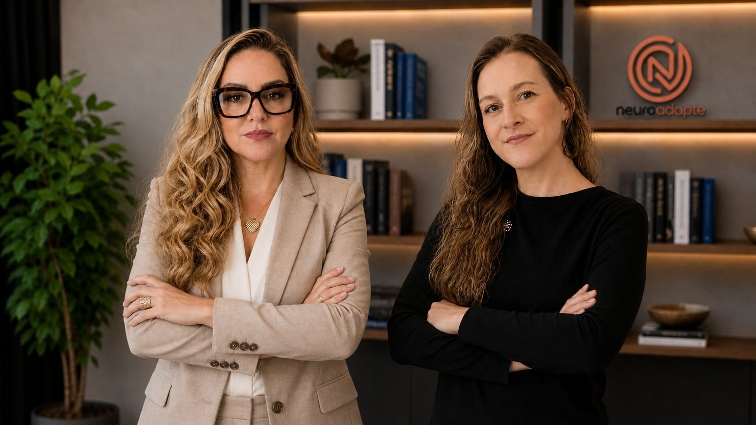 Débora Mariano de Andrade Taveira Bessas e Lorena Lima Alves, sócias fundadoras da NeuroAdapt, no escritório da empresa.