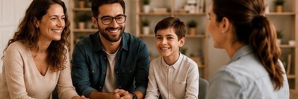 Profissional da NeuroAdapt em reunião de orientação com uma família, em clima acolhedor.