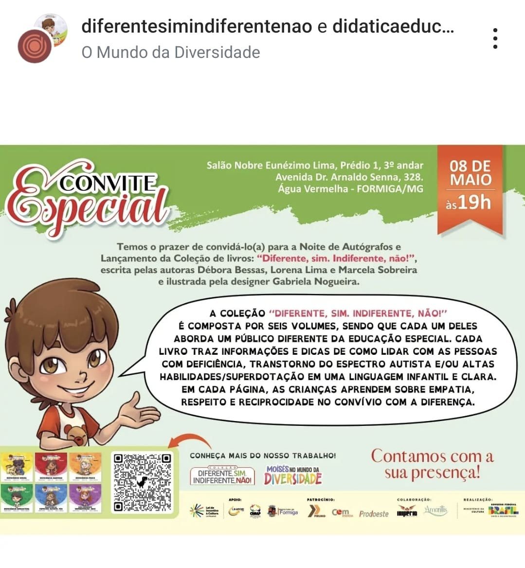 Convite do lançamento da coleção Diferente, sim. Indiferente, não!, no Salão Nobre Eunézimo Lima, UNIFOR-MG.