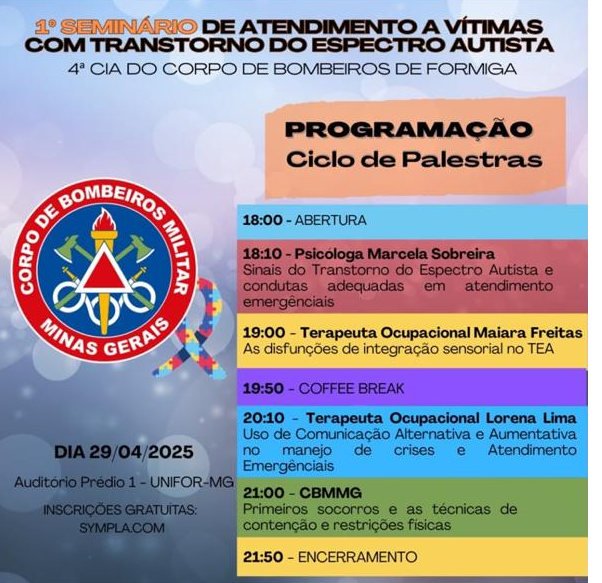 Programação do I Seminário de Atendimento a Vítimas com TEA, com as palestras de Marcela Sobreira e Lorena Lima.
